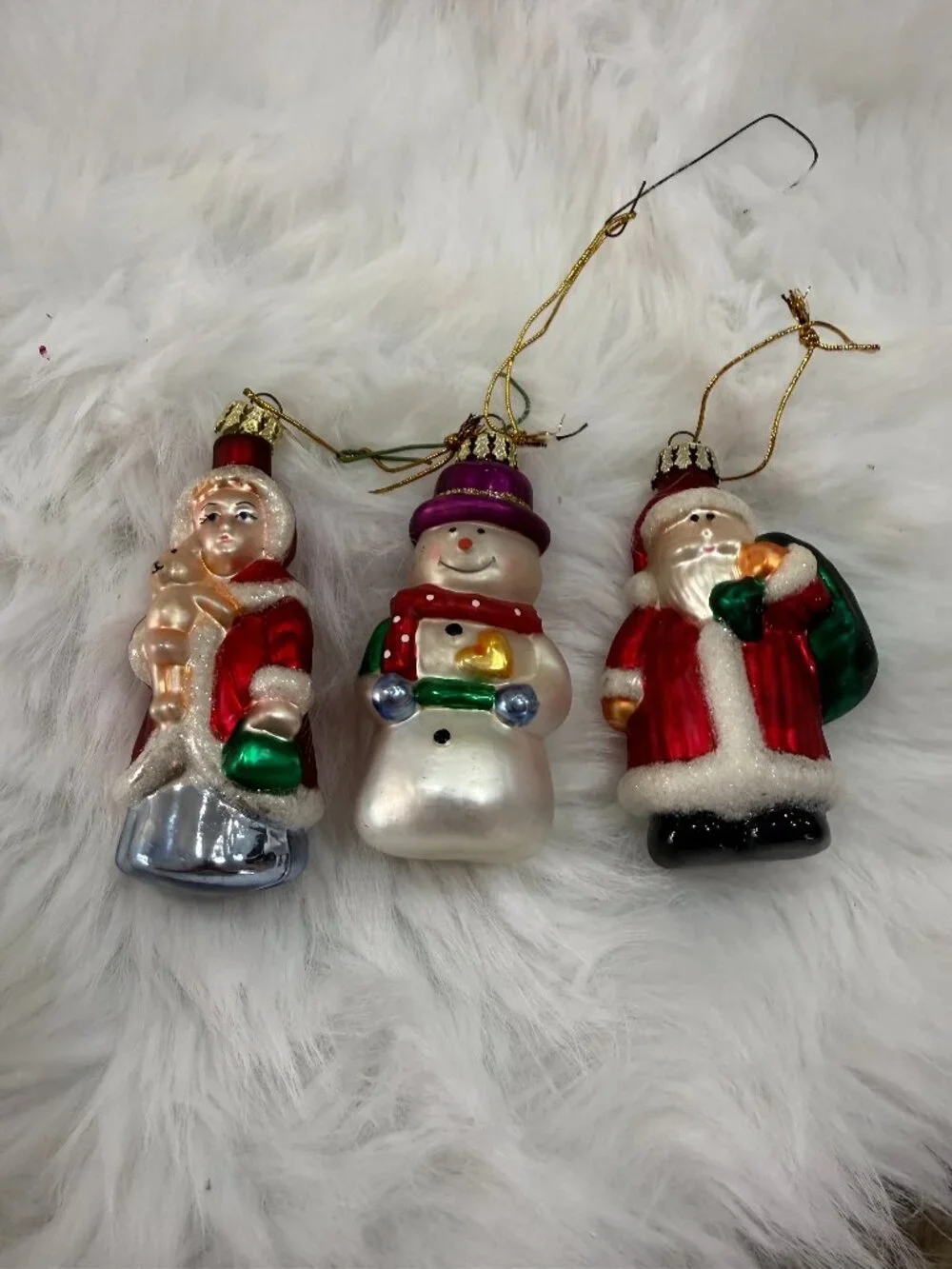 Holiday Glass Ornaments Set of 3 - Red, Green & Pearl Snowman and Santas